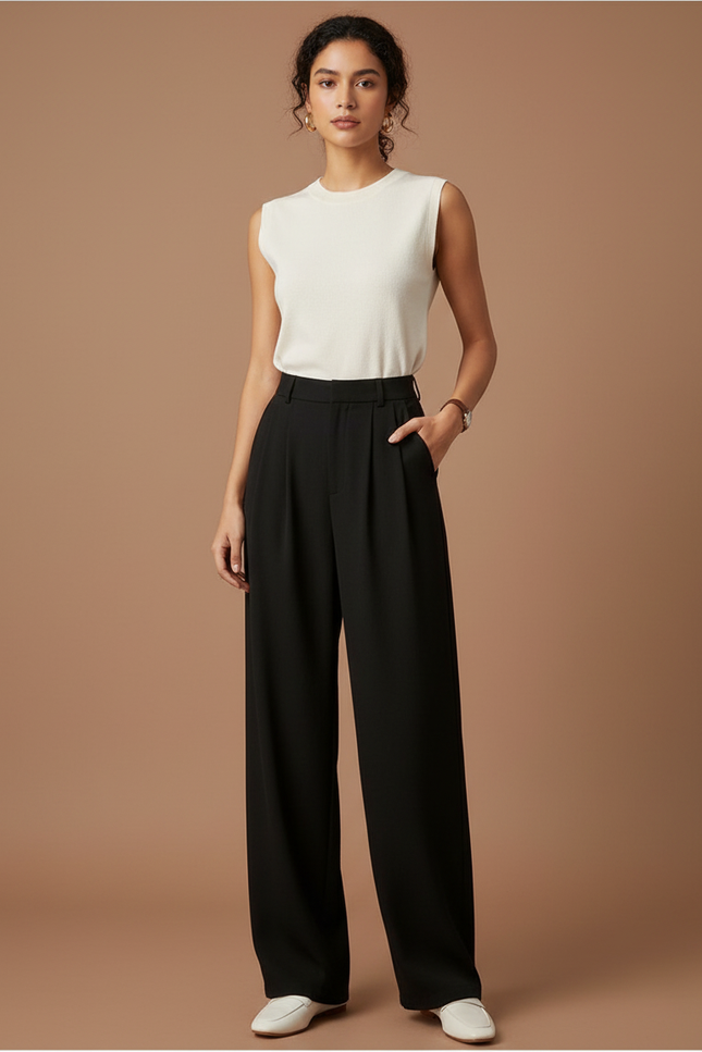 Pantalon Japonais Noir Fluide Ample Plissé Élégant - Polyester