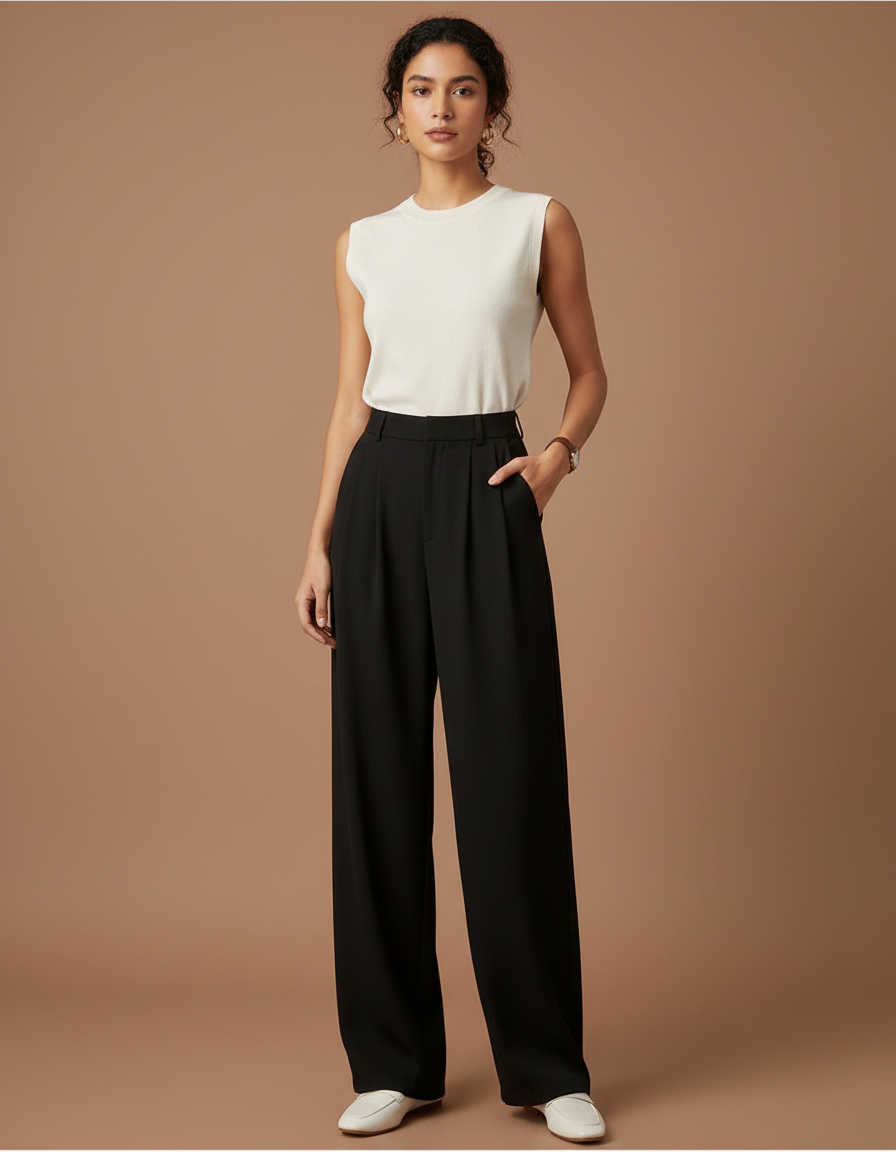 Pantalon Japonais Noir Fluide Ample Plissé Élégant - Polyester