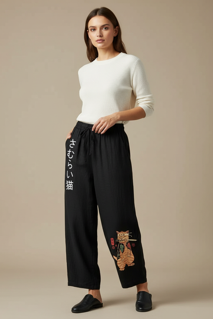 Pantalon Japonais Noir Ample Chat Samurai Coton - Lin