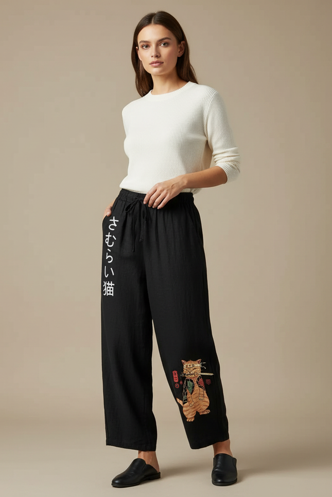 Pantalon Japonais Noir Ample Chat Samurai Coton - Lin