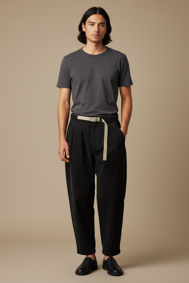 Pantalon Japonais Noir Plissé Ample Décontracté Coton