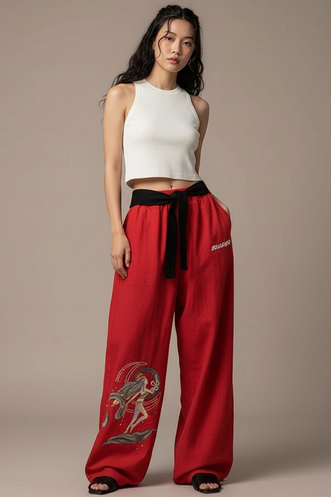 Pantalon Japonais Rouge Imprimé Ample Cordon Fluide - Lin