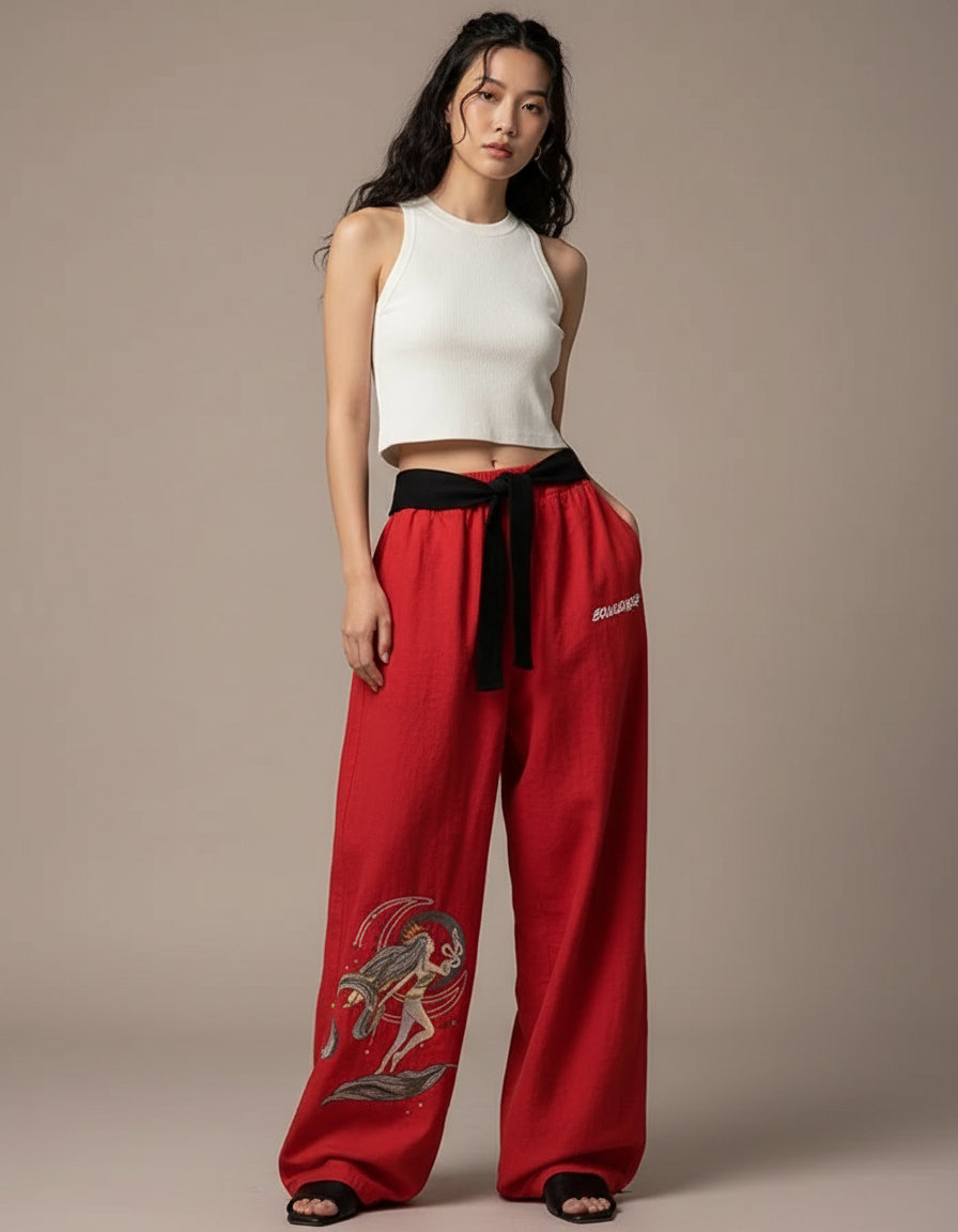 Pantalon Japonais Rouge Imprimé Ample Cordon Fluide - Lin