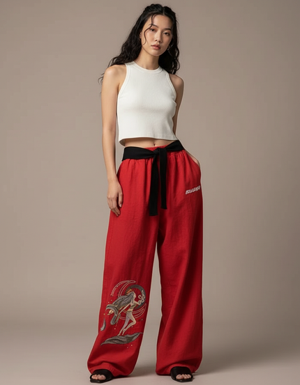 Pantalon Japonais Rouge Imprimé Ample Cordon Fluide - Lin