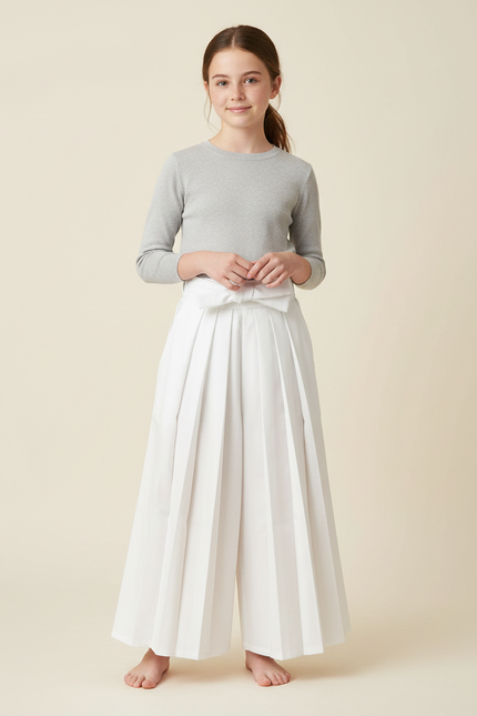 Pantalon Japonais Plissé Blanc Ample Ceinturé Fille - Gabardine