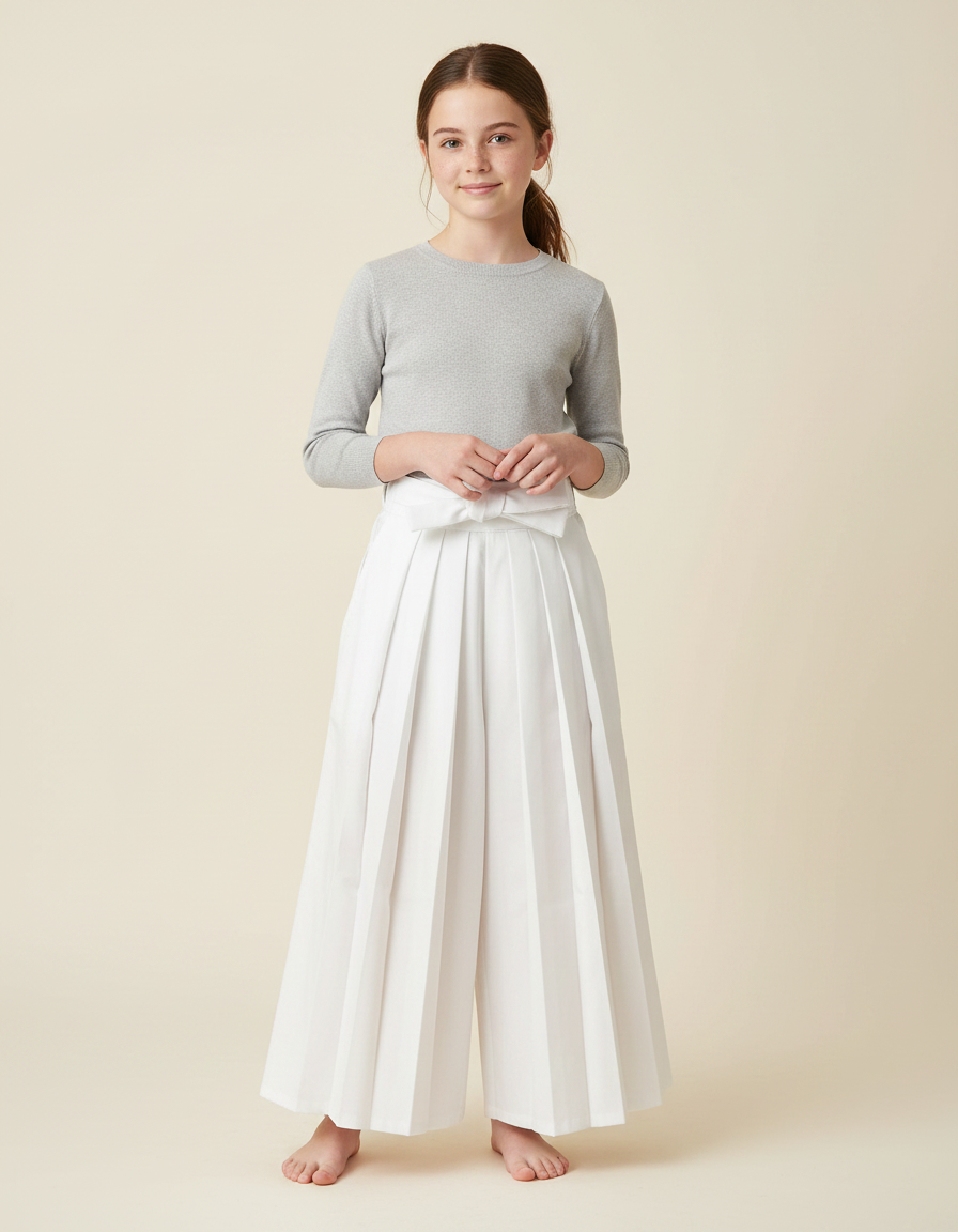 Pantalon Japonais Plissé Blanc Ample Ceinturé Fille - Gabardine