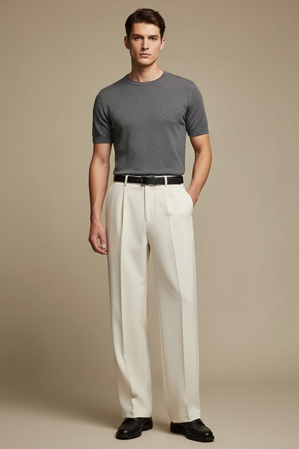 Pantalon Japonais Crème Droit Ample Plissé Homme - Beige Gabardine