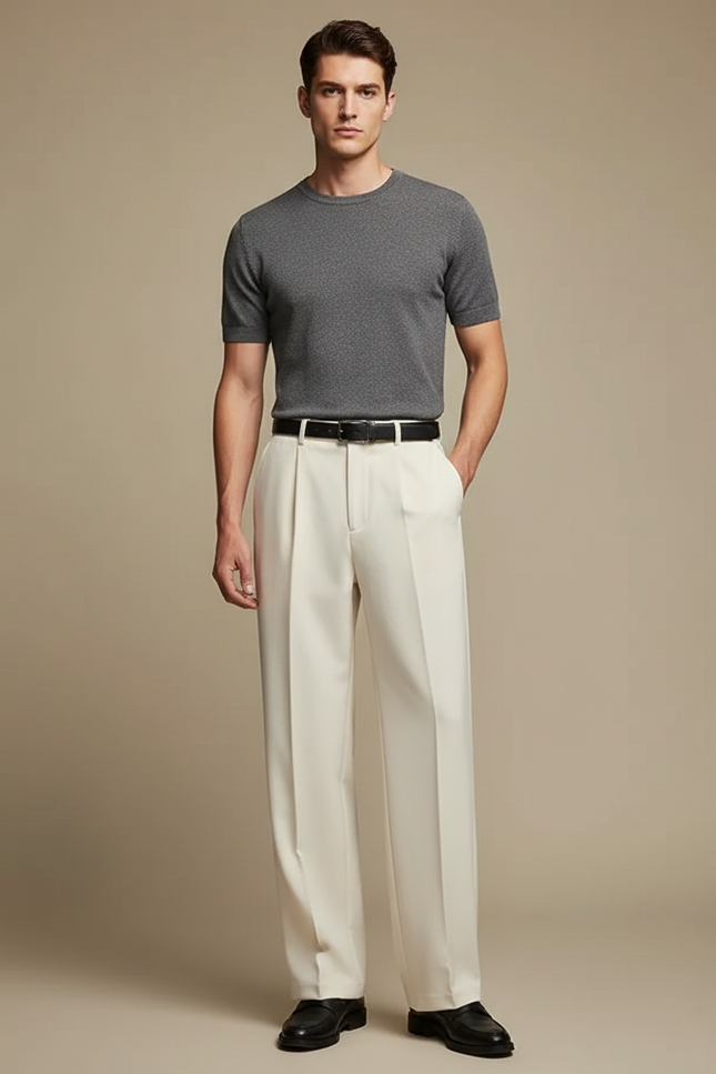 Pantalon Japonais Crème Droit Ample Plissé Homme - Beige Gabardine