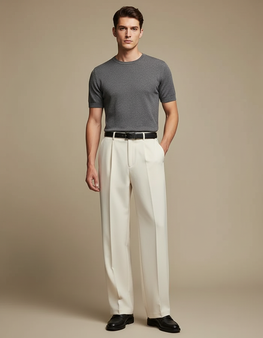 Pantalon Japonais Crème Droit Ample Plissé Homme - Beige Gabardine
