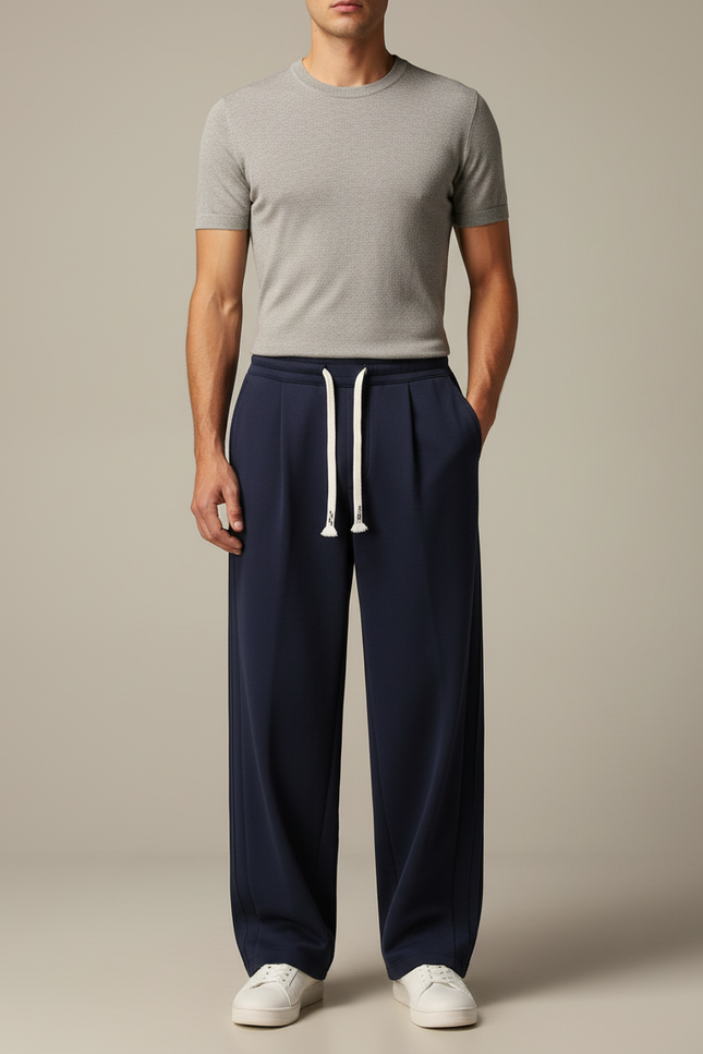 Pantalon Japonais Bleu Marine Ample Droit Sport Cordon - Molleton