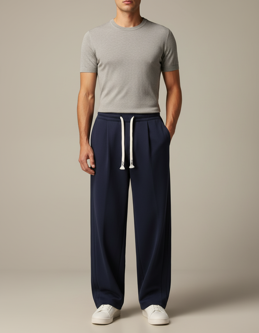 Pantalon Japonais Bleu Marine Ample Droit Sport Cordon - Molleton