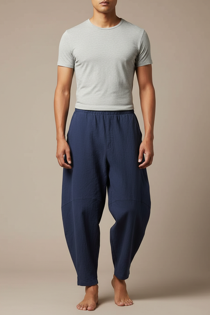 Pantalon Japonais Bleu Marine Ample Lin Décontracté Homme