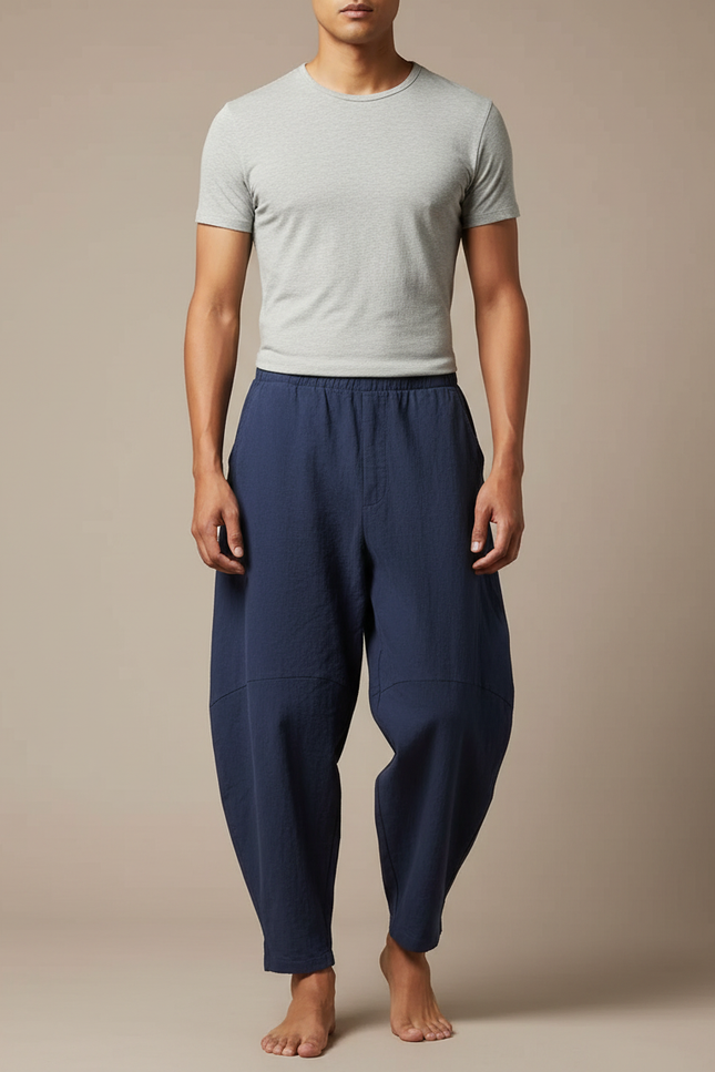 Pantalon Japonais Bleu Marine Ample Lin Décontracté Homme