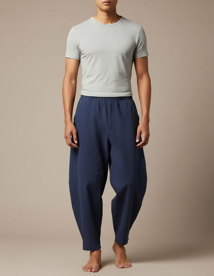 Pantalon Japonais Bleu Marine Ample Lin Décontracté Homme
