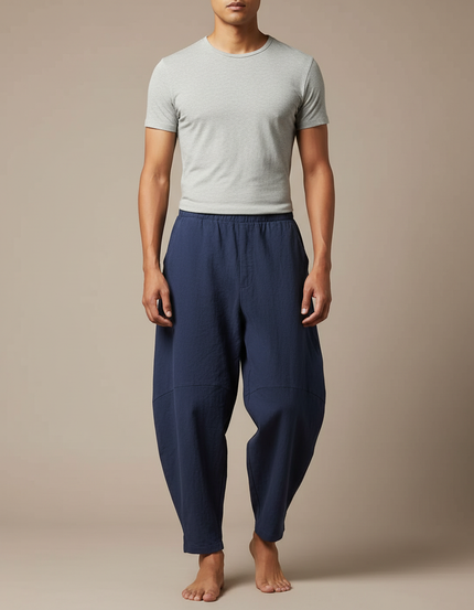 Pantalon Japonais Bleu Marine Ample Lin Décontracté Homme
