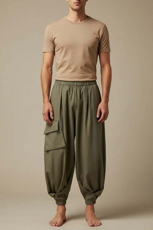 Pantalon Japonais Cargo Ample Vert Kaki Décontracté - Coton