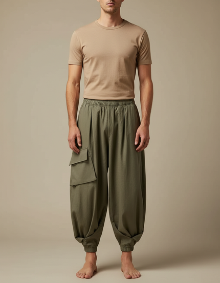 Pantalon Japonais Cargo Ample Vert Kaki Décontracté - Coton