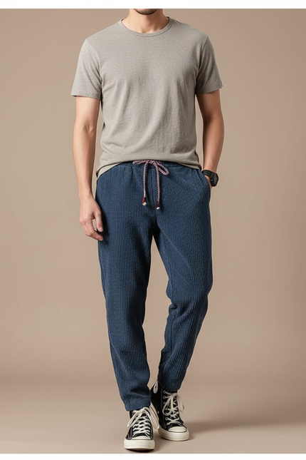 Pantalon Japonais Bleu Côtelé Ample Décontracté - Cordé