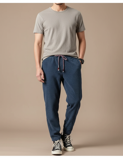 Pantalon Japonais Bleu Côtelé Ample Décontracté - Cordé