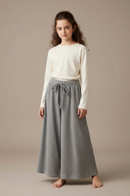 Pantalon Japonais Gris Ample Côtelé Élastique Enfant - Maille