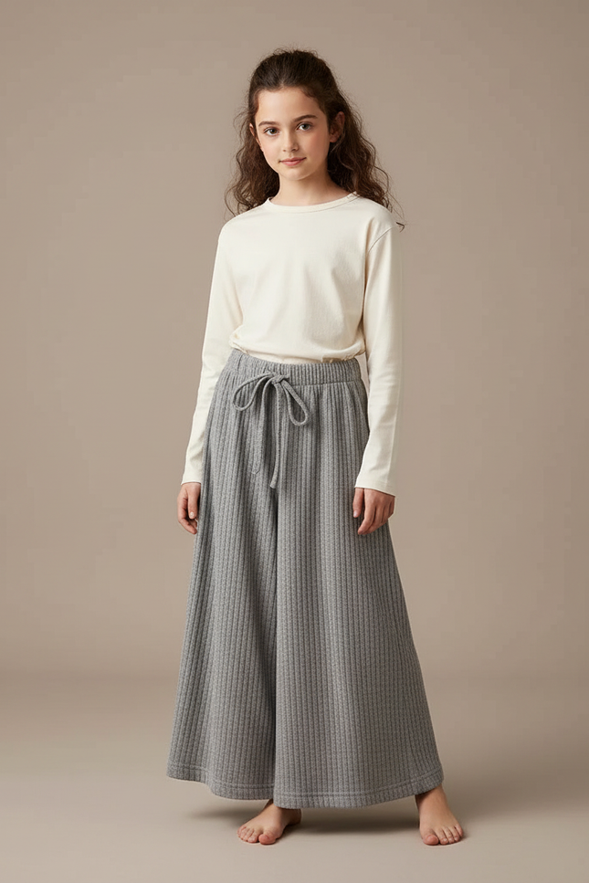 Pantalon Japonais Gris Ample Côtelé Élastique Enfant - Maille
