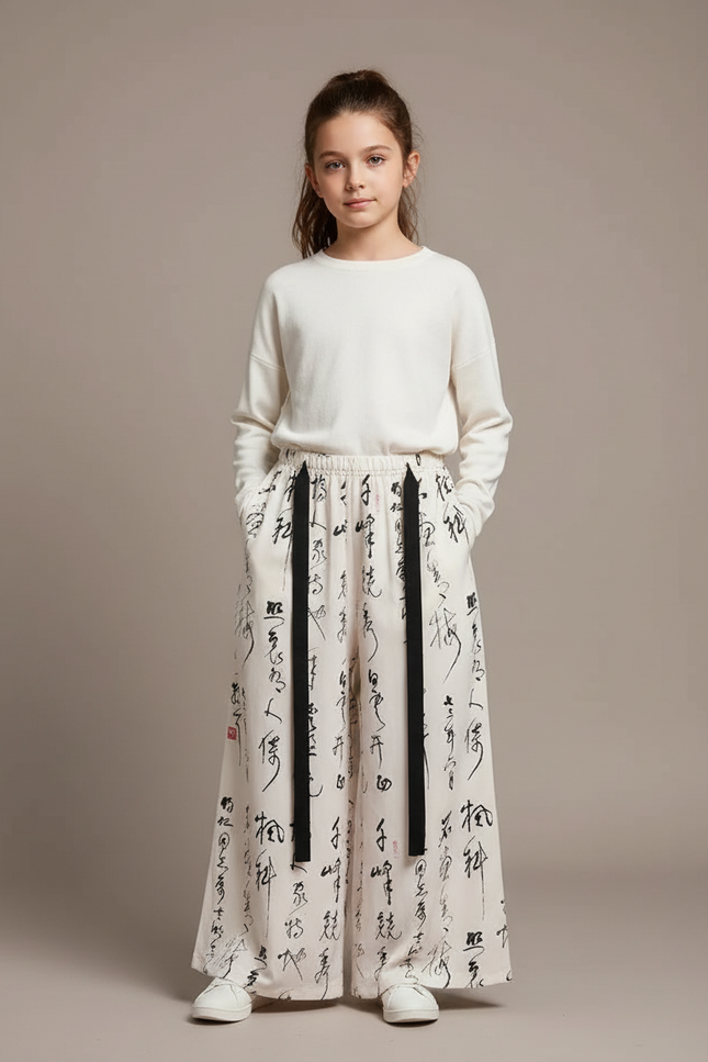 Pantalon Japonais Large Fluide Imprimé Calligraphie Crème - Beige Viscose