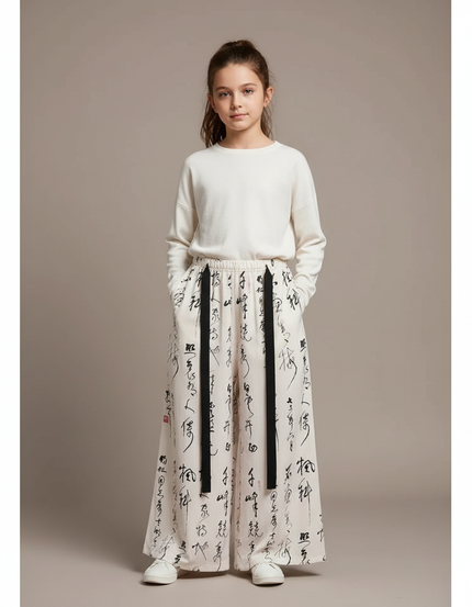 Pantalon Japonais Large Fluide Imprimé Calligraphie Crème - Beige Viscose