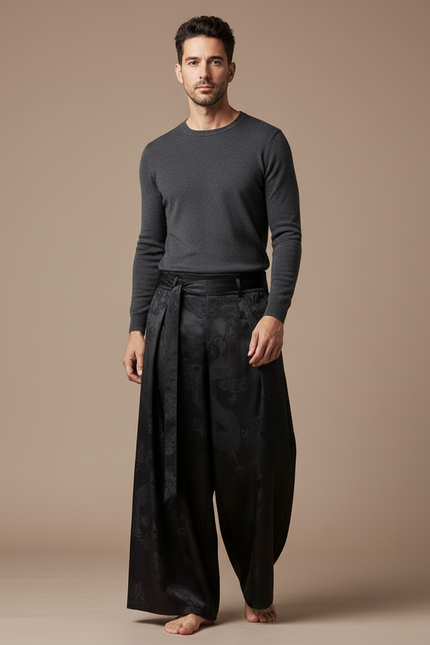 Pantalon Japonais Noir Satin Dragon Ample Homme