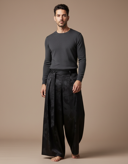 Pantalon Japonais Noir Satin Dragon Ample Homme