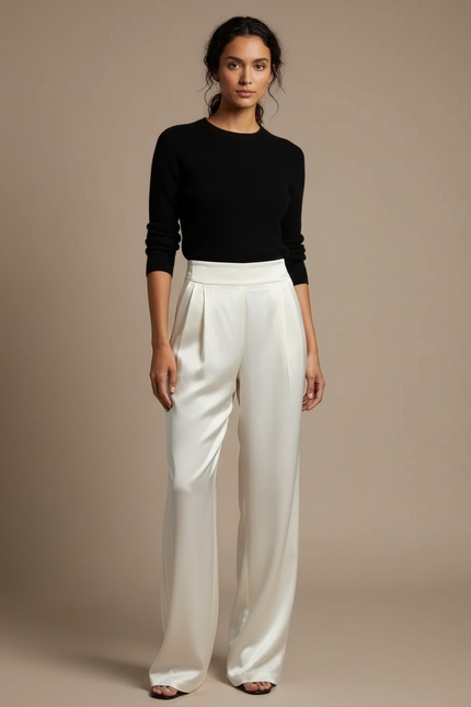 Pantalon Japonais Crème Satiné Fluide Élégant Femme - Blanc