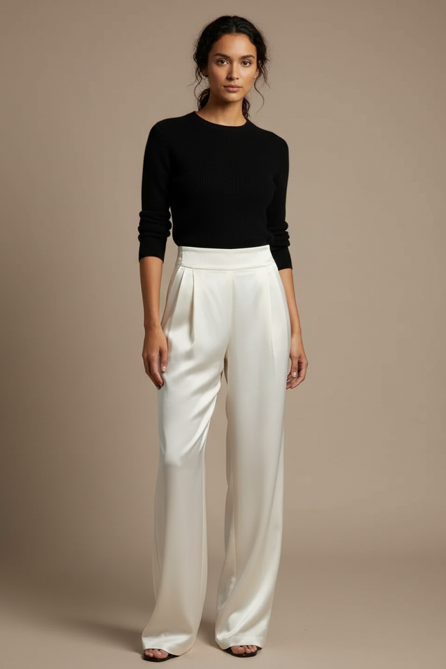 Pantalon Japonais Crème Satiné Fluide Élégant Femme - Blanc