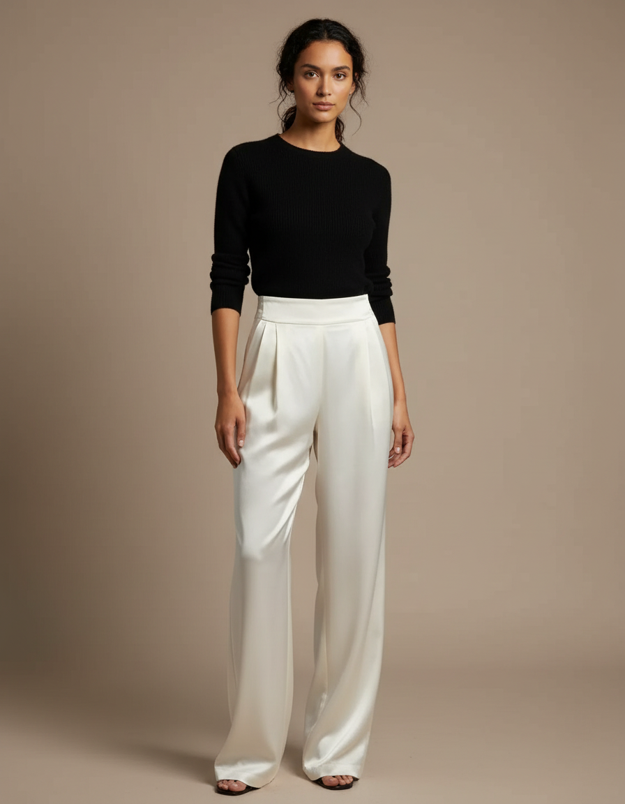 Pantalon Japonais Crème Satiné Fluide Élégant Femme - Blanc