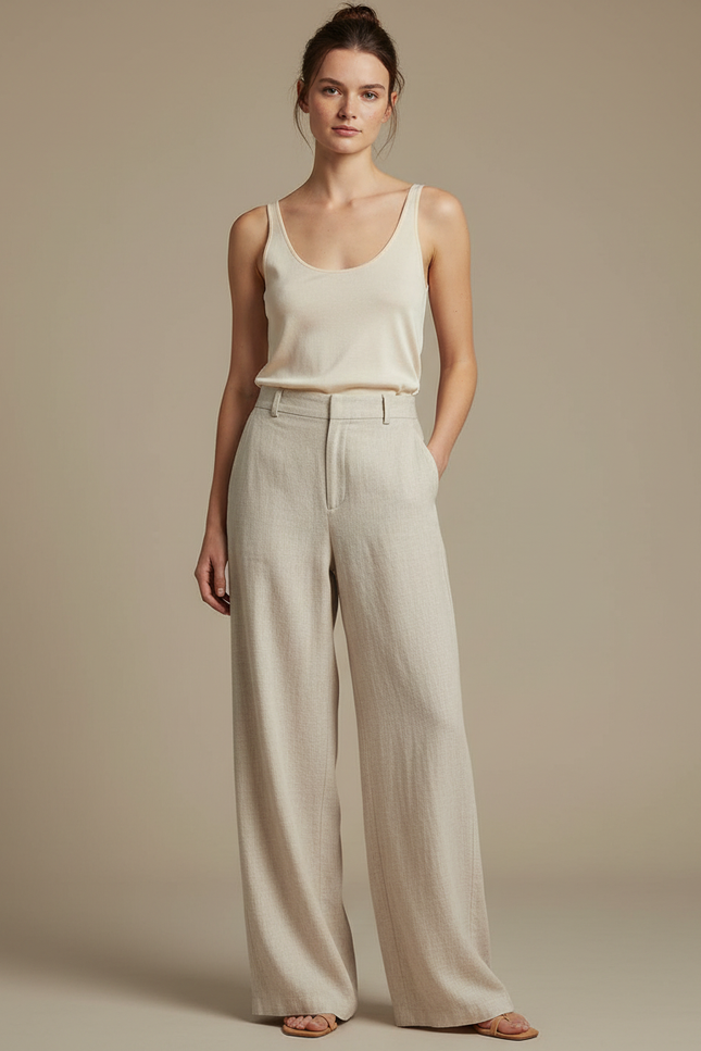 Pantalon Japonais Beige Lin Ample Décontracté Fluide