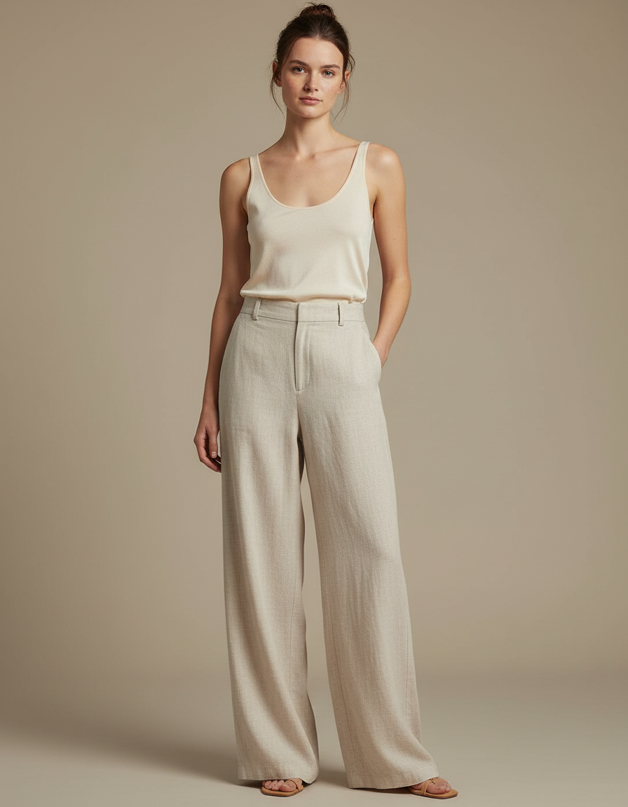 Pantalon Japonais Beige Lin Ample Décontracté Fluide