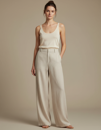 Pantalon Japonais Beige Lin Ample Décontracté Fluide