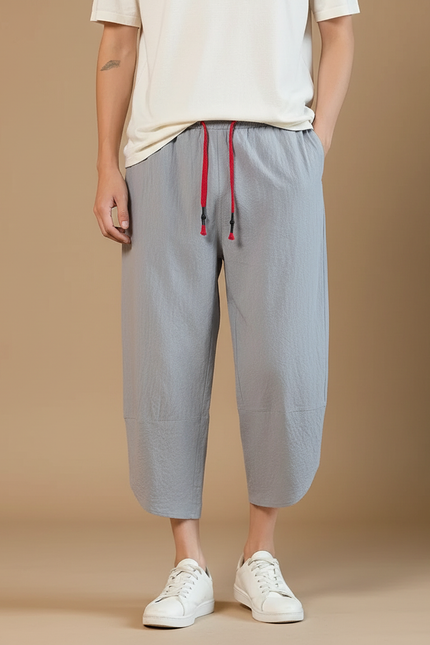 Pantalon Japonais Gris Coton Ample Décontracté Cordon