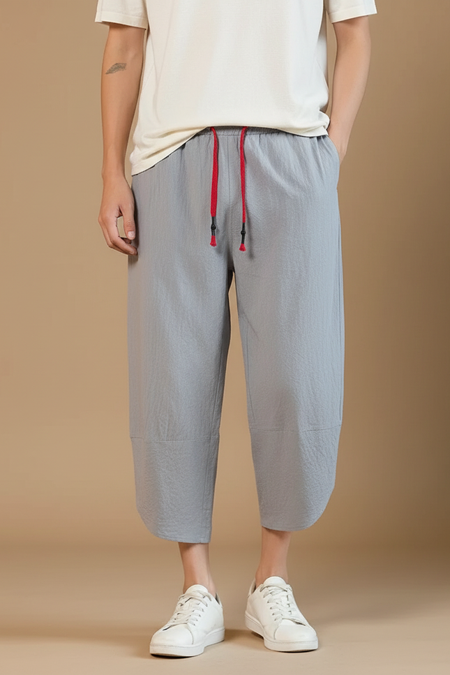 Pantalon Japonais Gris Coton Ample Décontracté Cordon