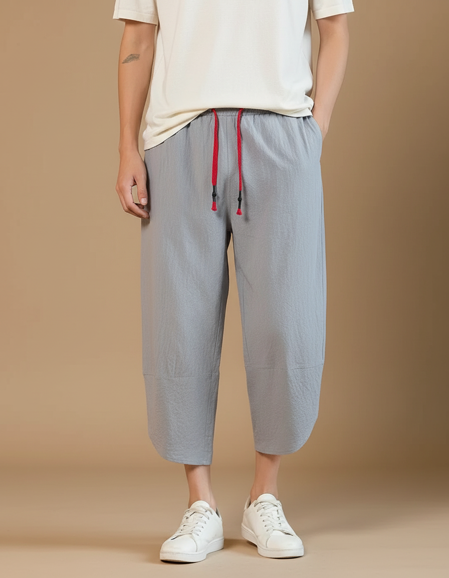 Pantalon Japonais Gris Coton Ample Décontracté Cordon