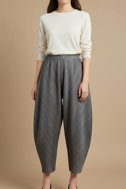 Pantalon Japonais Plissé Gris Ample Texturé Femme - Polyester