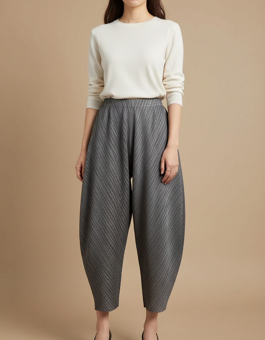 Pantalon Japonais Plissé Gris Ample Texturé Femme - Polyester