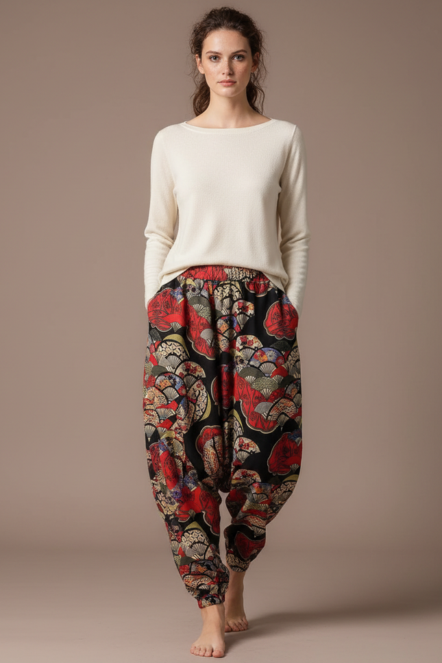 Pantalon Japonais Harem Éventails Imprimé Fluide Bohème - Multicolore Viscose