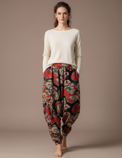 Pantalon Japonais Harem Éventails Imprimé Fluide Bohème - Multicolore Viscose