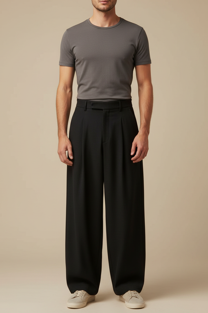 Pantalon Japonais Noir Large Plissé Décontracté Homme - Polyester