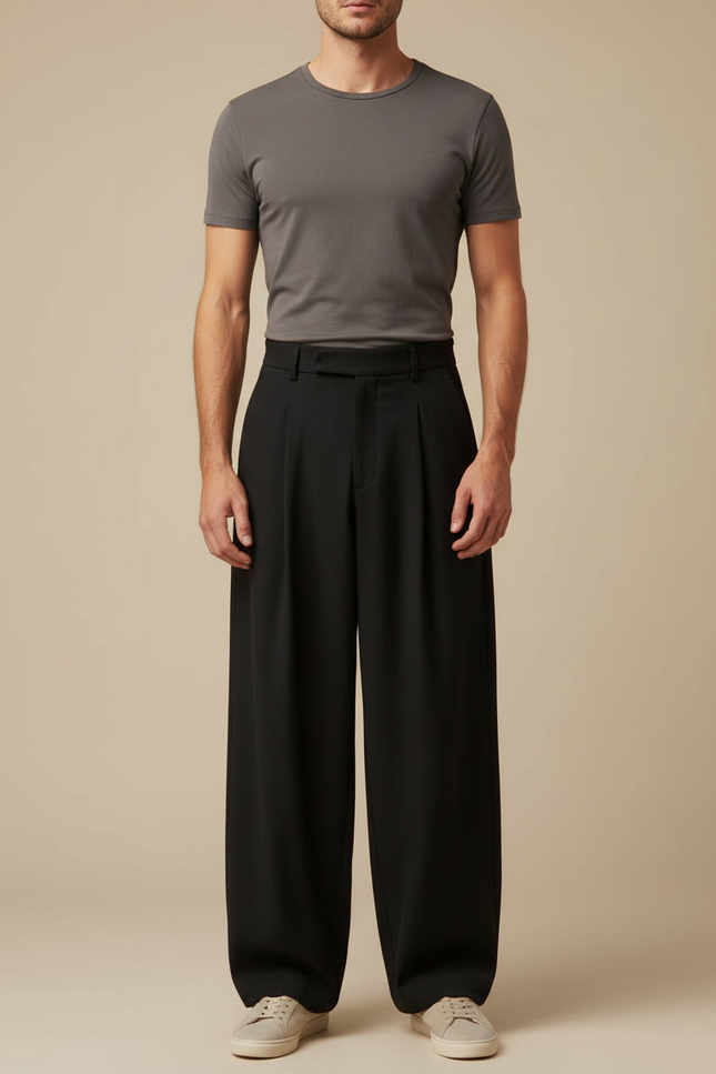 Pantalon Japonais Noir Large Plissé Décontracté Homme - Polyester