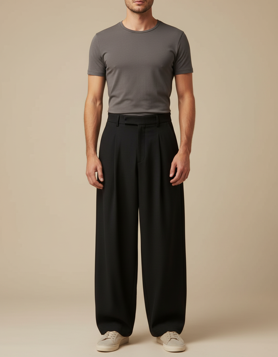 Pantalon Japonais Noir Large Plissé Décontracté Homme - Polyester