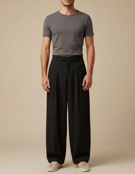 Pantalon Japonais Noir Large Plissé Décontracté Homme - Polyester
