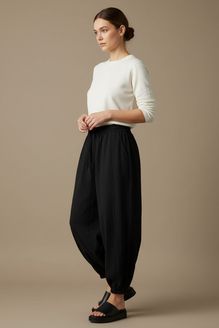 Pantalon Japonais Noir Fluide Ample Décontracté Coton Femme