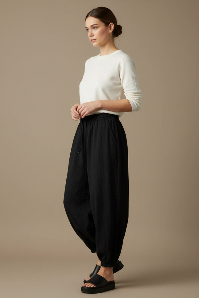 Pantalon Japonais Noir Fluide Ample Décontracté Coton Femme