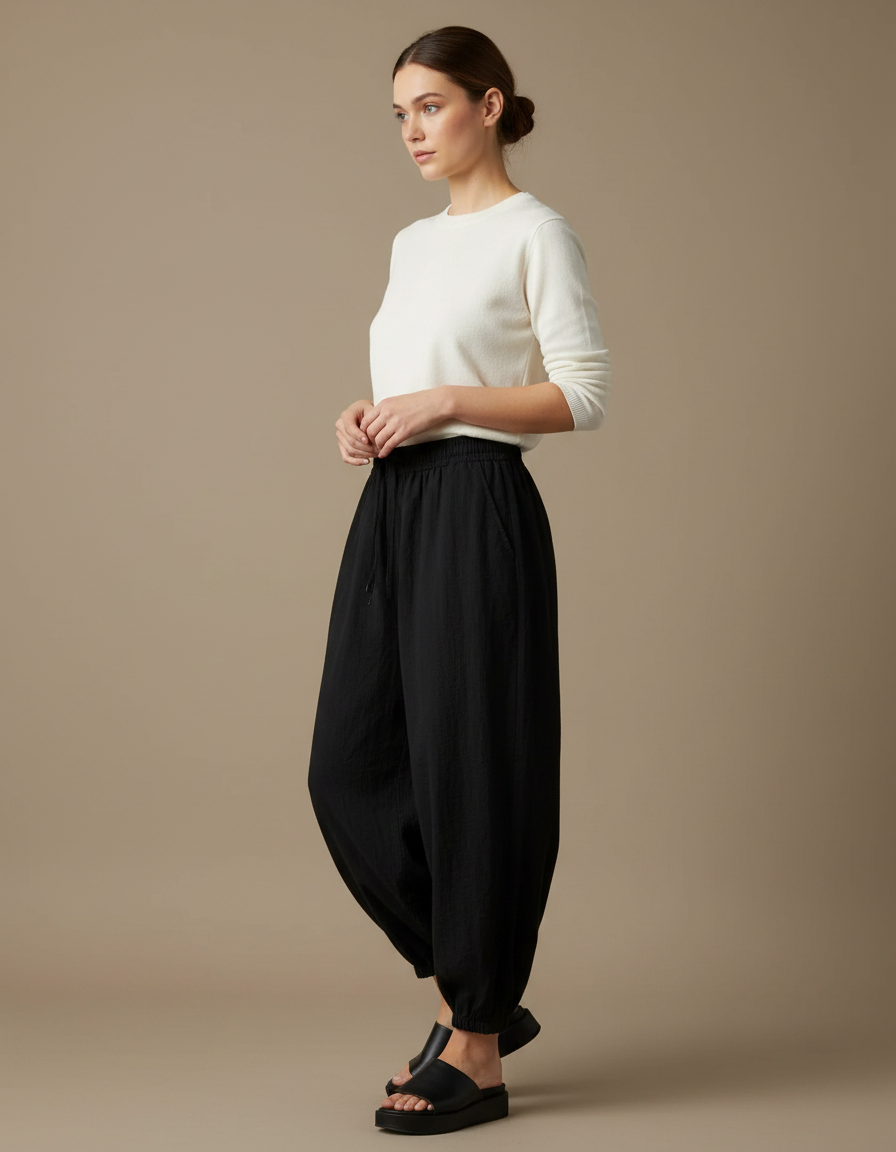 Pantalon Japonais Noir Fluide Ample Décontracté Coton Femme