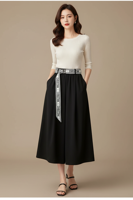 Pantalon Japonais Noir Fluide Ample Ceinture Casual - Polyester